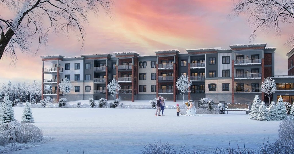 The Brix condominium exterior in winter at 121 Mary Street, Creemore — Suite 417